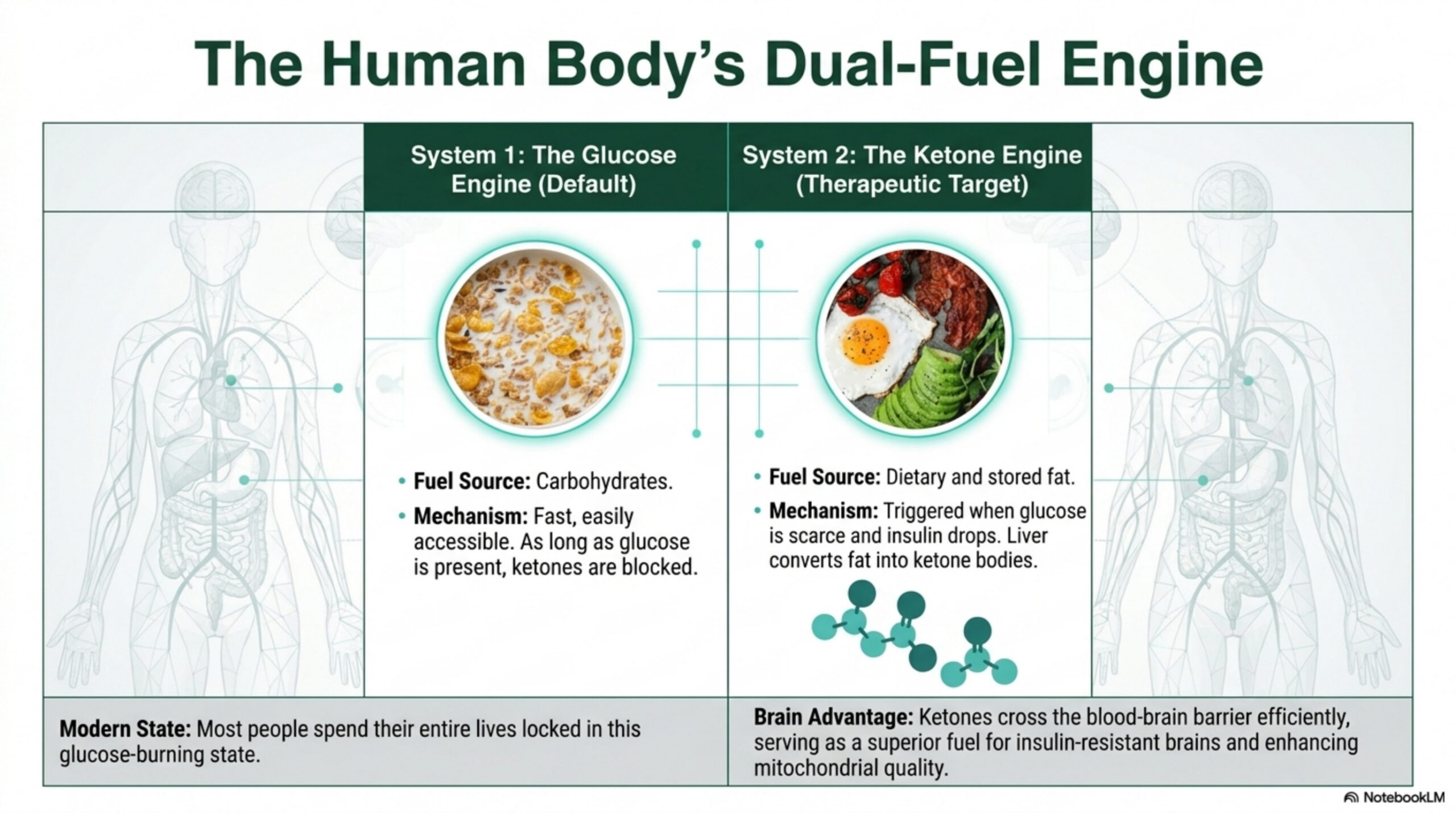 The human body's dual-fuel engine — comparing glucose and ketone systems as brain fuel sources