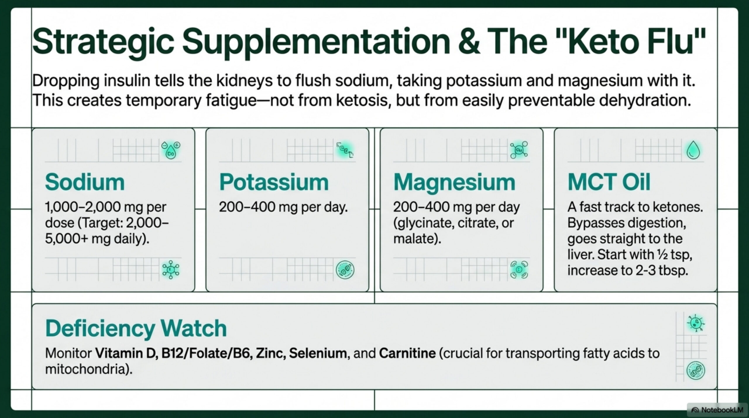 Strategic supplementation for sodium, potassium, magnesium, and MCT oil to prevent keto flu