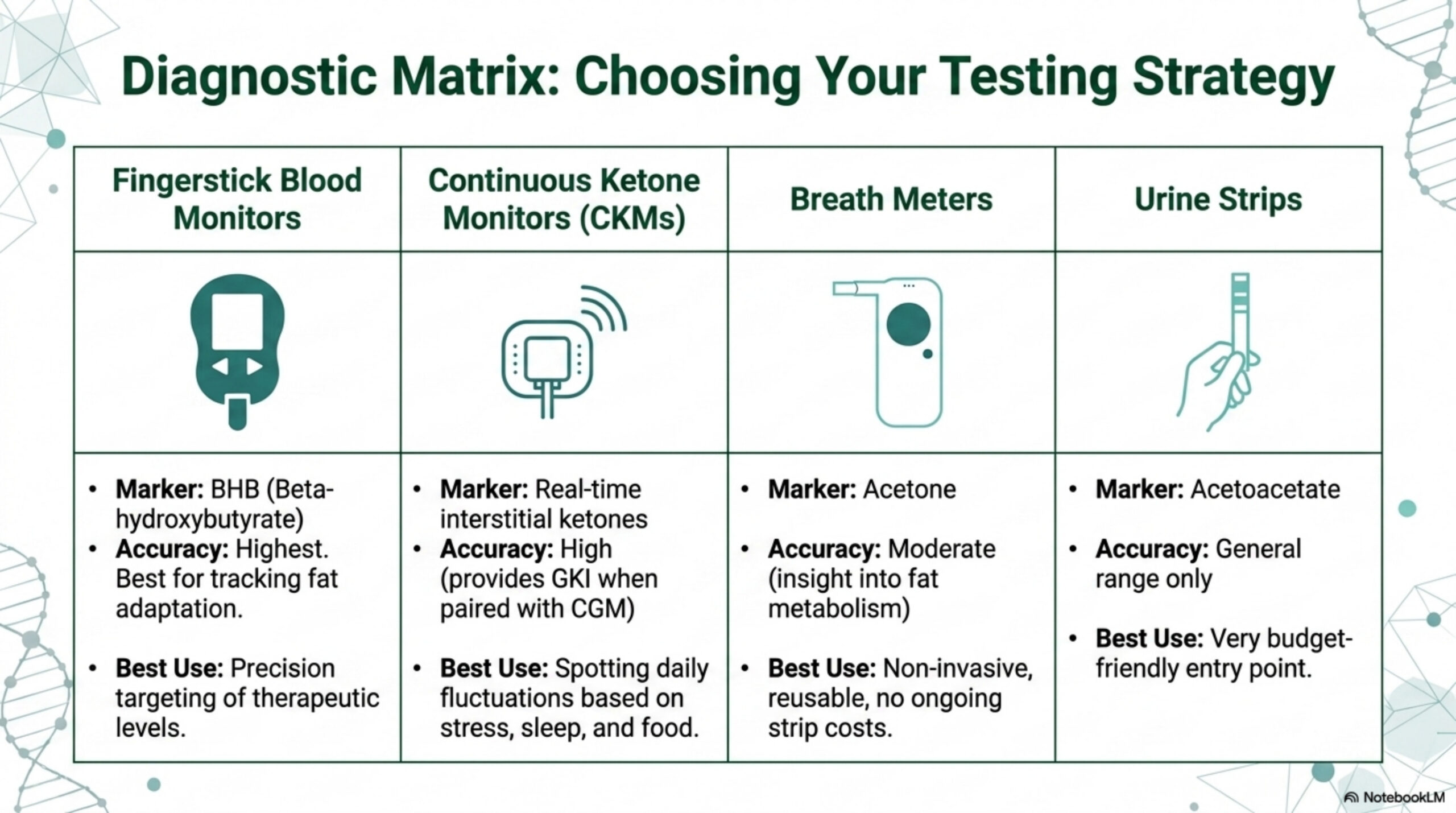 Diagnostic matrix comparing fingerstick blood monitors, continuous ketone monitors, breath meters, and urine strips