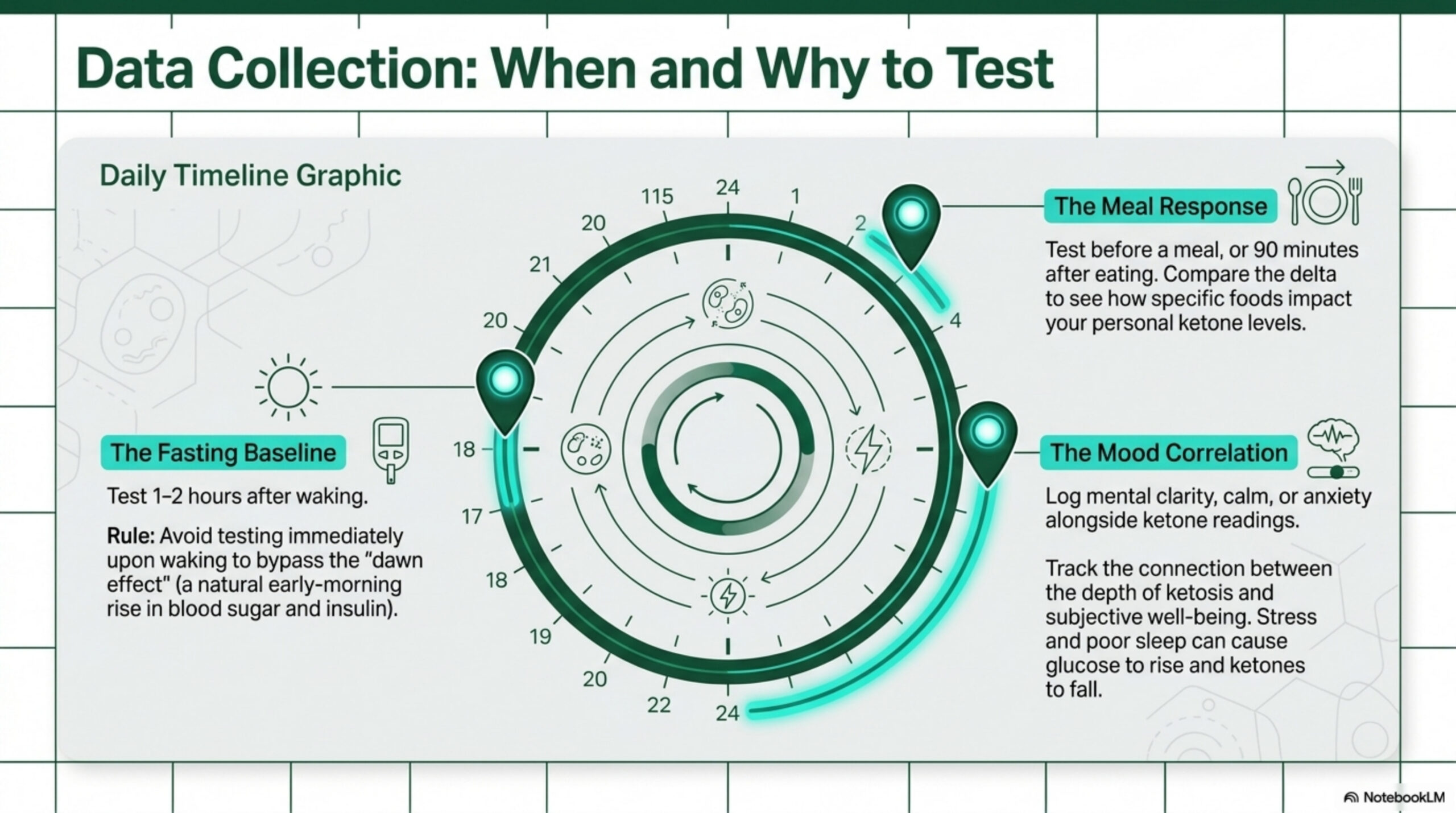 Daily timeline for ketone testing covering fasting baseline, meal response, and mood correlation